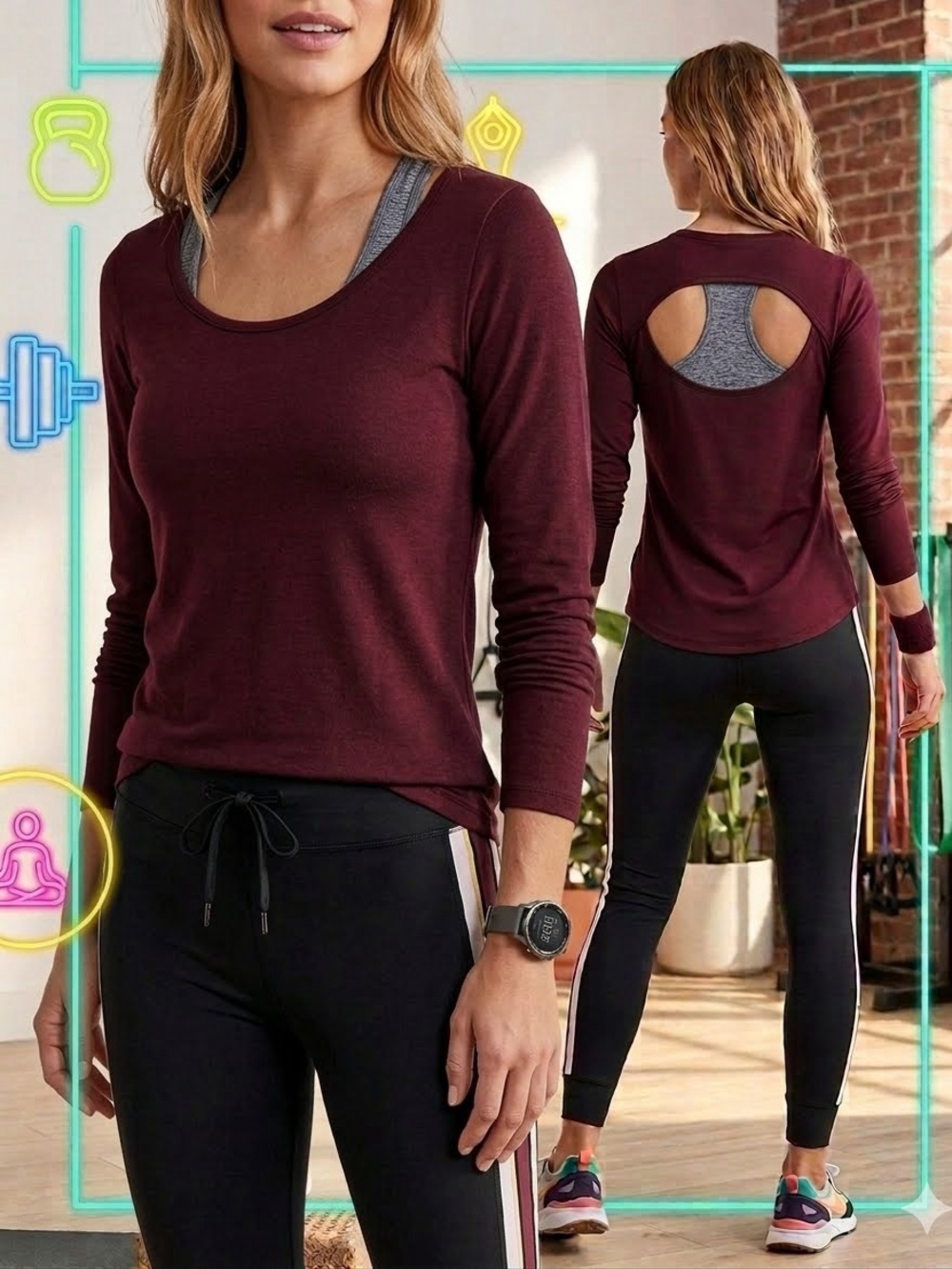 VS PINK Open-Back Long-Sleeve Scoop Neck Top in Maroon Medium